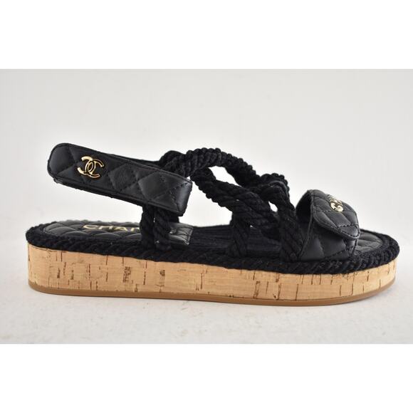 Chanel REV Black Gold Cord Rope CC Quilted Mule Ankle Strap Dad Sandal Flat 36 - Picture 2 of 14